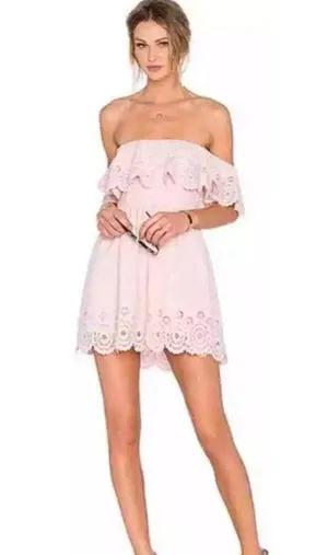 LOVERS + FRIENDS Women’s XS Light Pink Off Shoulder Laser Cut Ruffle Dress #Z9-7 thumbnail 10