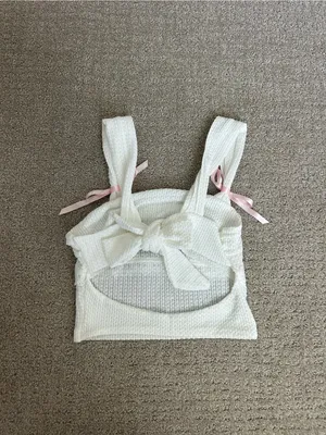 White Knit Crop Tank with Pink Bow Straps Size XS thumbnail 2