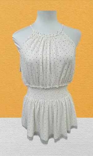 Express Top Sz M NWT Ivory Polka Dots Halter Smocked Sleeveless Peplum Lined thumbnail 1