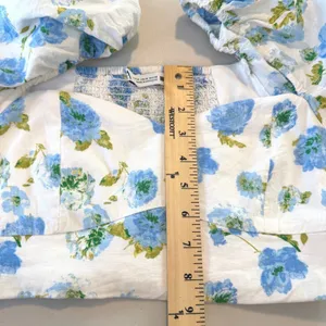Zara Linen Blend Floral‎ Crop Top Puff Sleeve Smocked White Blue Women's M thumbnail 10
