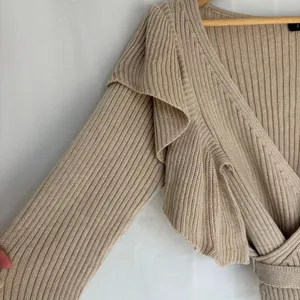FORE Wrap long sleeve ruffle ribbed knit Sweater Tan Size M thumbnail 5