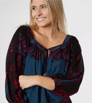 Free People Blouse Blue S Womens Floral Boho Peasant Top thumbnail 1