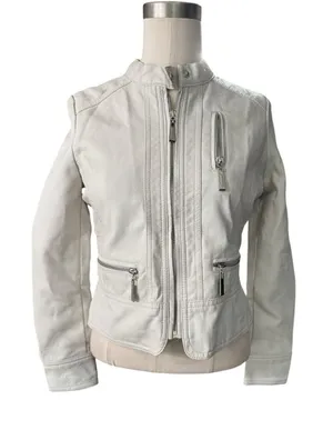 Joujou Faux Leather Moto Jacket Women's M 10/12 Cream White Motorcycle thumbnail 1