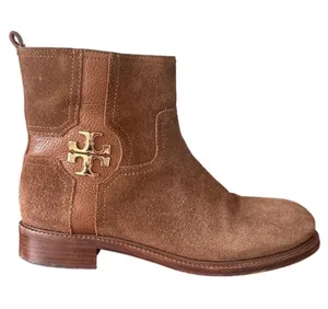 Tory Burch Alaina Suede Pebbled Leather Logo Ankle Booties Cognac Tan 9 thumbnail 1