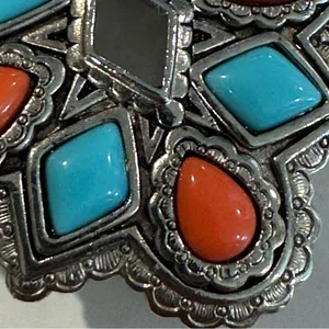 Vintage Silver Brooch with Turquoise and Coral Accents thumbnail 5