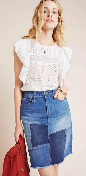 Driftwood Anthro Saydi Patchwork Denim Jean Boho Retro A line skirt womens 26 4 thumbnail 1