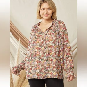 Entro Long Sleeve Top Blouse Fall Garden Ditsy Floral Feminine Tie Ruffle Collar thumbnail 7