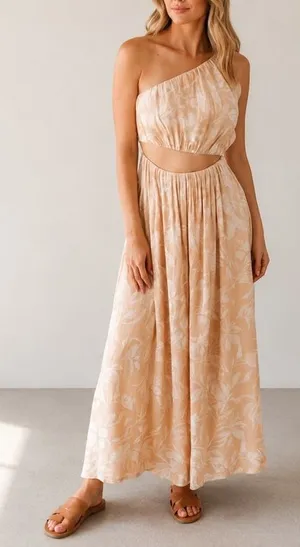 Abercrombie & Fitch One Shoulder Tan Floral Cutout Tropical Vacation Midi Dress thumbnail 1
