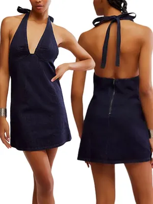 Free People Trevi Denim Mini Dress Women's Large Rinse Halter Backless Festival thumbnail 4