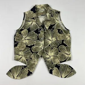 Tommy Bahama Vest Womens Medium Black‎ Beige Silk Hawaiian Floral Tie Front thumbnail 1