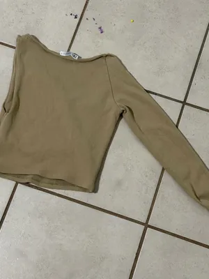 Zara Women‎ Tan Beige Ribbed Asymmetrical One-Shoulder Long Sleeve Crop Top M thumbnail 7