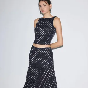 NWT Cider Blue White Boat Neck Polka Dot Top & Ruffle Hem Mid Rise Skirt Set XS thumbnail 2