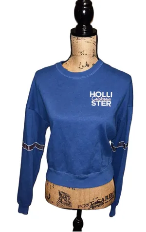Women's Hollister Crop Sweatshirt Size S Blue White Logo Crewneck thumbnail 1
