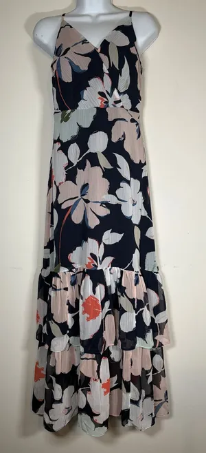 Banana Republic Maxi Dress Navy Blue Floral Tiered Ruffle Wedding Guest NWT 2P thumbnail 1