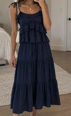 NWT LE LIS Navy Blue Satin Ruffle Crop Top Maxi Skirt 2 Piece Set Small thumbnail 1