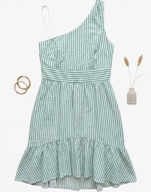 Audrey Parks Francescas One‎ Shoulder Striped Ruffle Mini Dress Sage Green White thumbnail 1