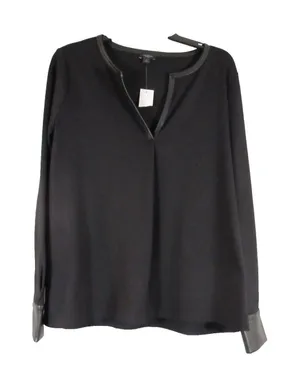 Ann Taylor Factory Black Top Faux Leather Trim V‑Neck Long Sleeve NWT Women’s L thumbnail 1