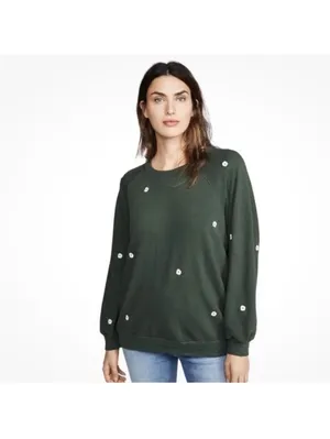 THE GREAT. The College Crewneck Sweatshirt Olive Floral Embroidered Women’s 0 XS thumbnail 13
