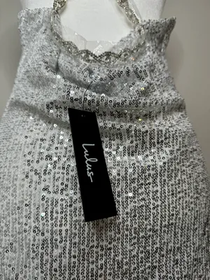 Silver Sequin Cowl Neck Mini Dress Sz M thumbnail 7