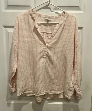 Joie Women Large Pink White Striped 100% Linen‎ Henley Blouse Boho Smocked Top thumbnail 1