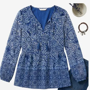 Style&Co Blue Medallion Print‎ Boho Peasant Blouse Tassel Tie Babydoll Top Small thumbnail 1