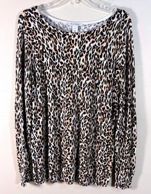 White‎ House Black Market Leopard Print Sweater XL Faux Leather Elbow Patches thumbnail 1
