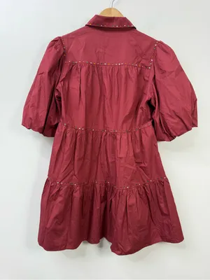 Tiered Puff-Sleeve Mini Dress in Burgundy size S thumbnail 4