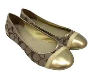 Coach Women's Brown Signature Canvas Ballet Flats with Gold Cap Toe thumbnail 1