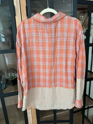 Free People Patchwork flannel button down shirt long sleeve boho raw hem cotton plaid thumbnail 6
