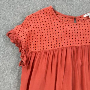 Jodifl Eyelet Cutout Babydoll Blouse Women's Small Orange Short Sleeve Ruffle thumbnail 2