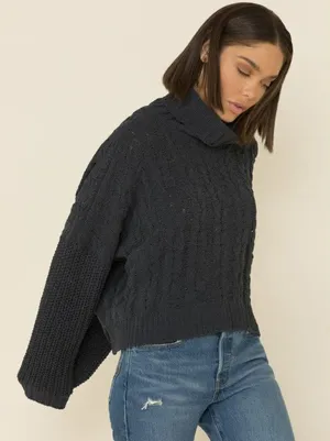 Pol Turtleneck Sweater Women's Medium Dark Gray Cable Knit High-Low Hem Pullover thumbnail 1