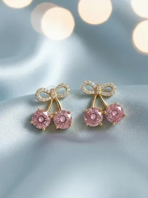 Gold-Tone Pink Crystal Cherry Drop Earrings with Rhinestone Bow Accents thumbnail 5