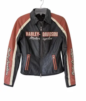 Harley Davidson Vintage Cruiser Leather Jacket size XS Black Cream Orange thumbnail 1