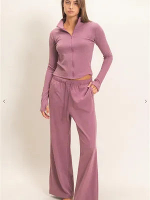 Dusty Mauve Plum Zip Up Top Wide Leg Pants Set Medium thumbnail 10