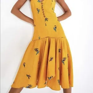 Farm Rio 100% Linen Jungle Tucanos Button Midi Yellow Embroidered Dress Sz XS thumbnail 4