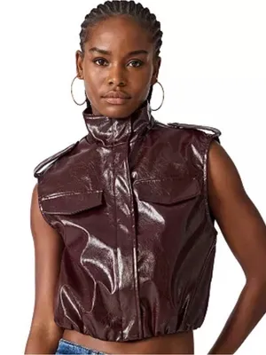 Steve Madden Glossy Burgundy Faux Leather Zip-Up Vest thumbnail 1