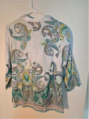 Charter Club 100% Linen Embroidered Tunic Blouse Paisley White Blue Size M W-172 thumbnail 2