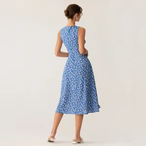 Rihoas Blue Floral V Neck Sleeveless Midi Dress thumbnail 5