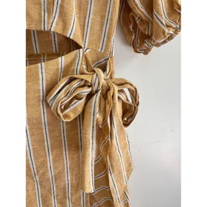Zara Mustard Yellow Striped Linen Blend Cutout Puff Sleeve Mini Wrap Dress XS thumbnail 5