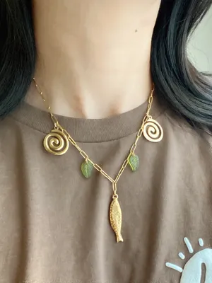 Handmade gold tone fully gold tone stainless steel fish & swirl boho funky chic necklace🌀🐟 thumbnail 2