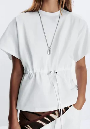 Zara NWT white heavy cotton tee shirt with drawstring waist peplum cinched waist thumbnail 1