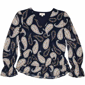 LOFT Outlet Women’s Medium Paisley Blouse Navy Floral Button Front Long Sleeve Peplum thumbnail 1