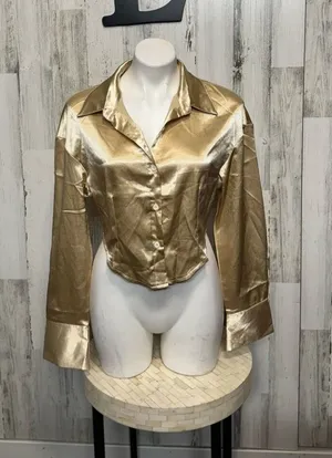 SHEIN Champagne Gold Satin Button Down Crop Top Womens Large Corset Hem Blouse thumbnail 1