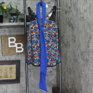 NWT Belle Du Jour Printed Lace Hem Tank Top Blouse With Scarf Blue / Multi M thumbnail 3