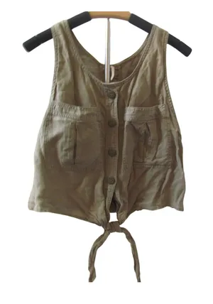 Free People Utility Vest Small Olive Green Linen Blend Tie Front Cropped Boho thumbnail 1