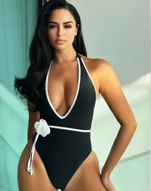 Black One Piece Swimsuit Halter Neck Wirh Bow Belt S thumbnail 1