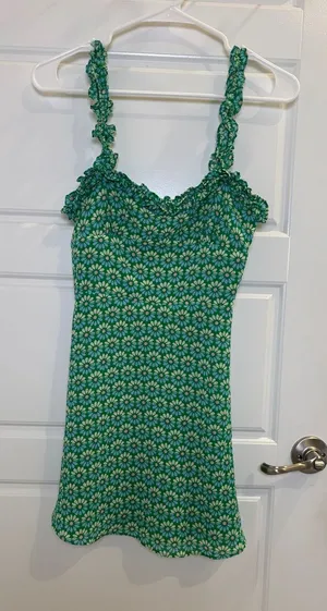 Zara Green Floral Daisy Print Mini Dress Ruffle Strap Smocked XS thumbnail 1