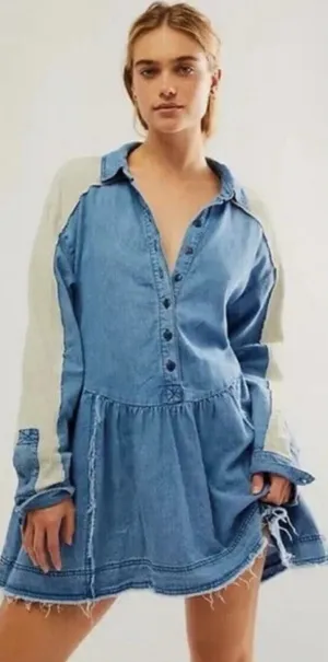FREE PEOPLE Kenny Denim Mini Dress Tunic Waffle Raw Hem Boho Babydoll Size S thumbnail 1