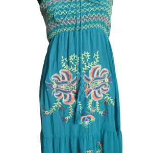 Flying Tomato BOHO Embroidered Floral Smocked Strapless Tiered Maxi Dress Womens S Teal Beach thumbnail 4