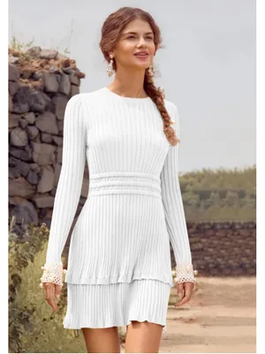 NEW Long Sleeve Sweater Dress Ribbed Knit Crewneck A Line L thumbnail 2